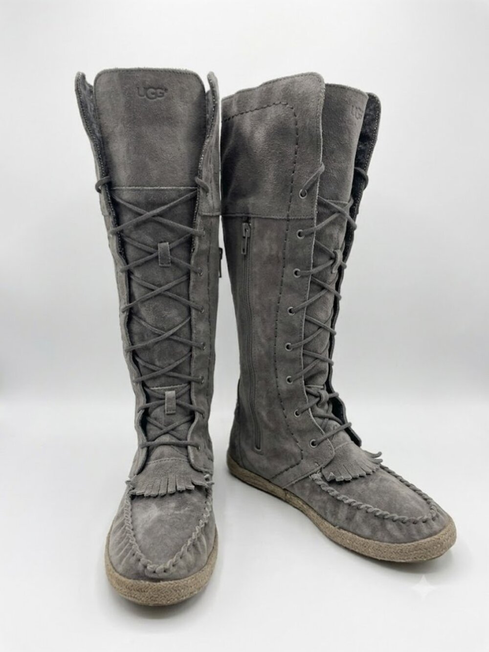 UGG Australia Tall Lace Up Moccasin Boots Gray Suede Womens 6.5 Fringe